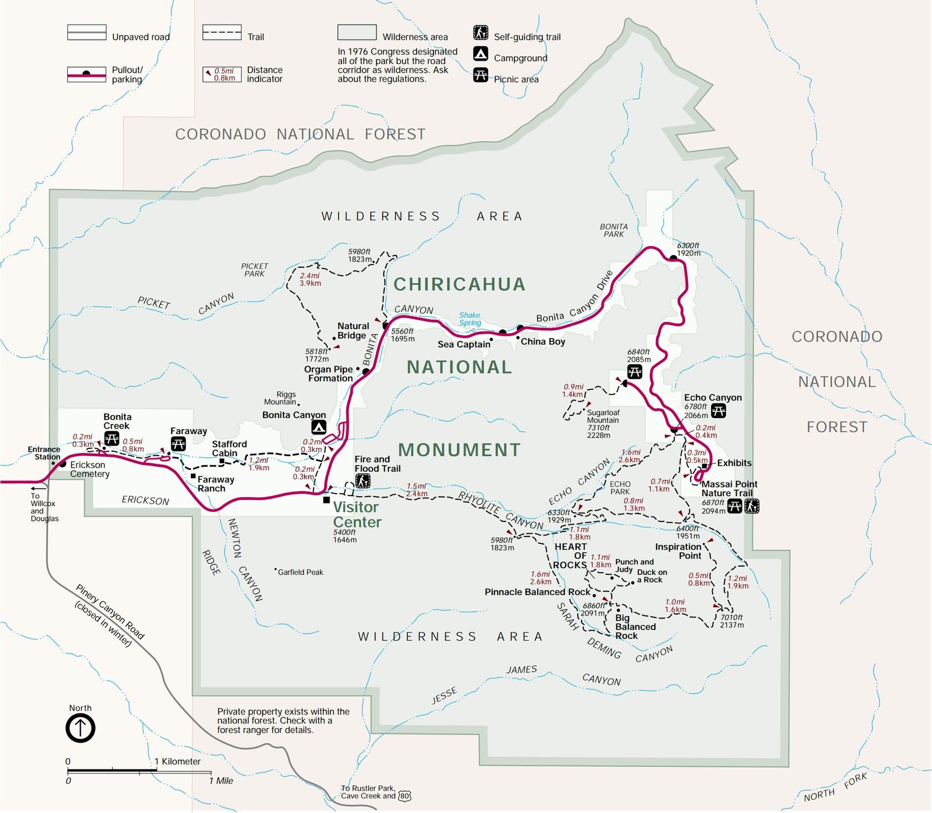 NPS map of Chiricahua showing Bonita Canyon Drive, Massai Point, Echo Canyon, Heart of Rocks and the campground