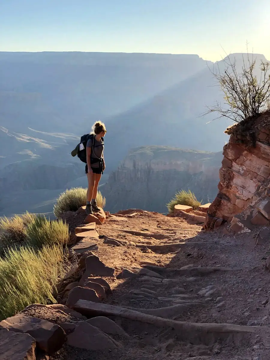 A hiker standing on a rocky ledge looking out over the canyon