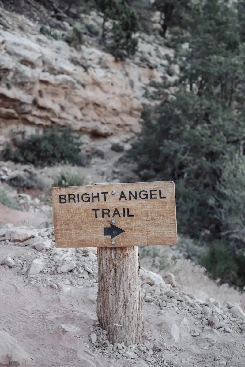 Wooden Bright Angel Trail sign at the trailhead