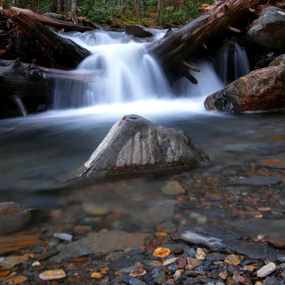 Water flowing over rocks in a stream beside the Alum Cave Trail