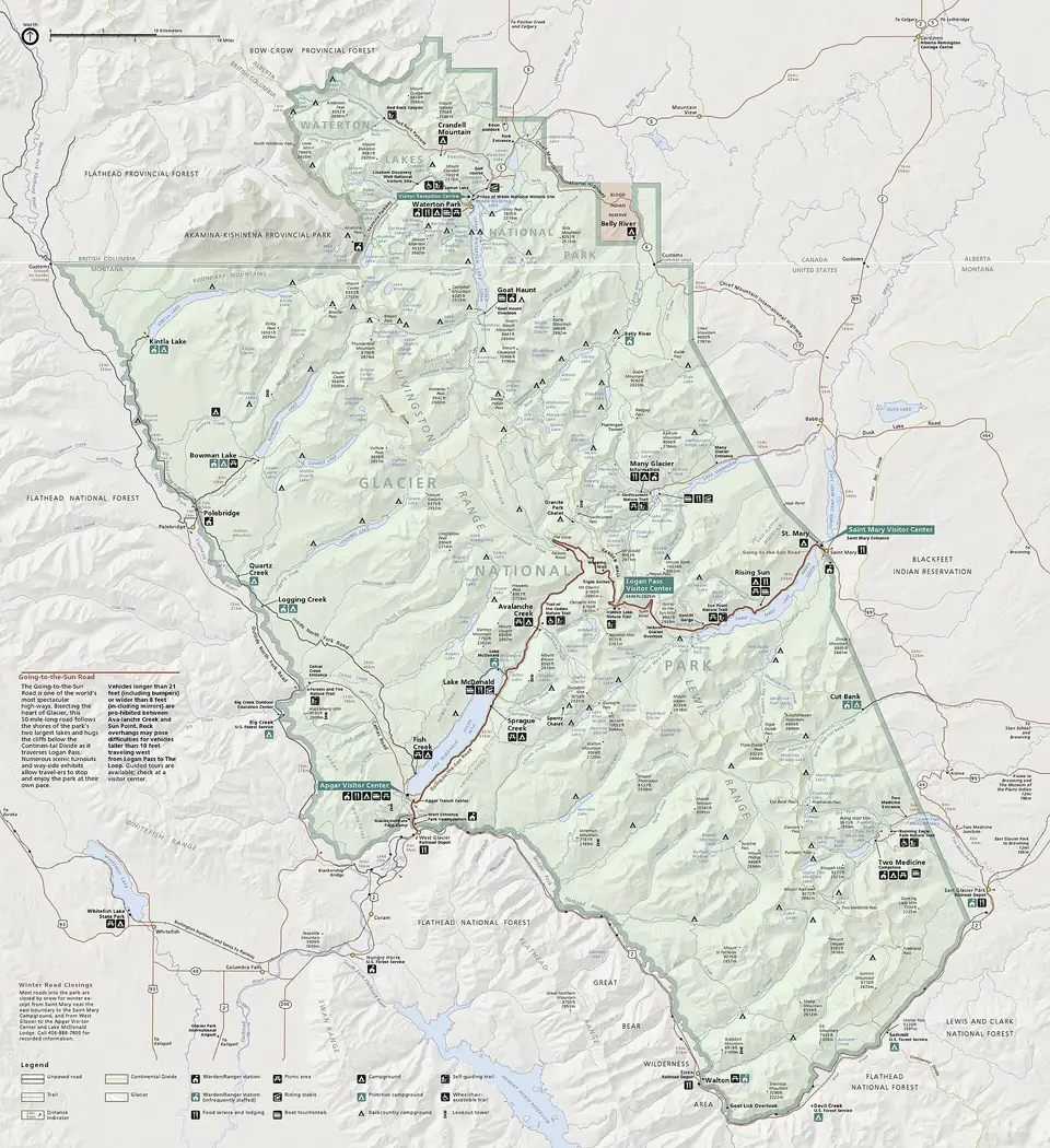 Official NPS map of Glacier National Park with roads and campgrounds