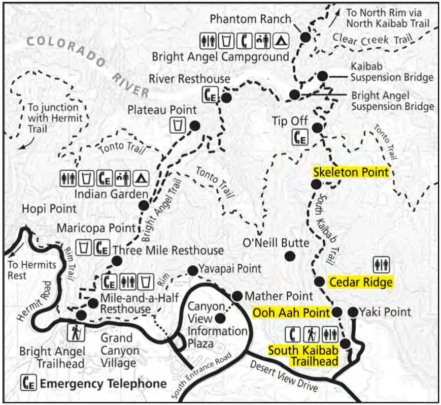 NPS South Kaibab trail map marking Ooh Aah Point, Cedar Ridge, Skeleton Point and the Tip-Off