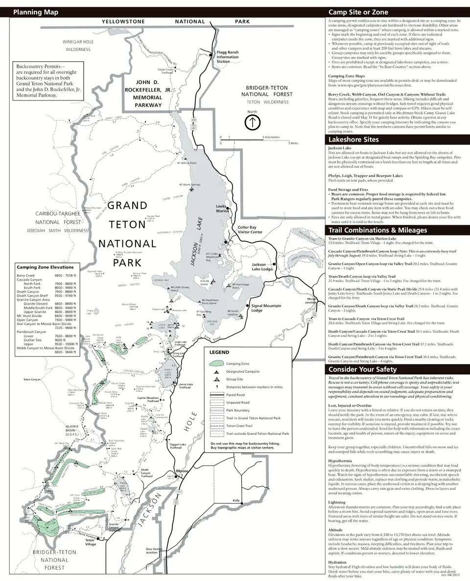 NPS map of Grand Teton backcountry trails with trail mileages and camping zones