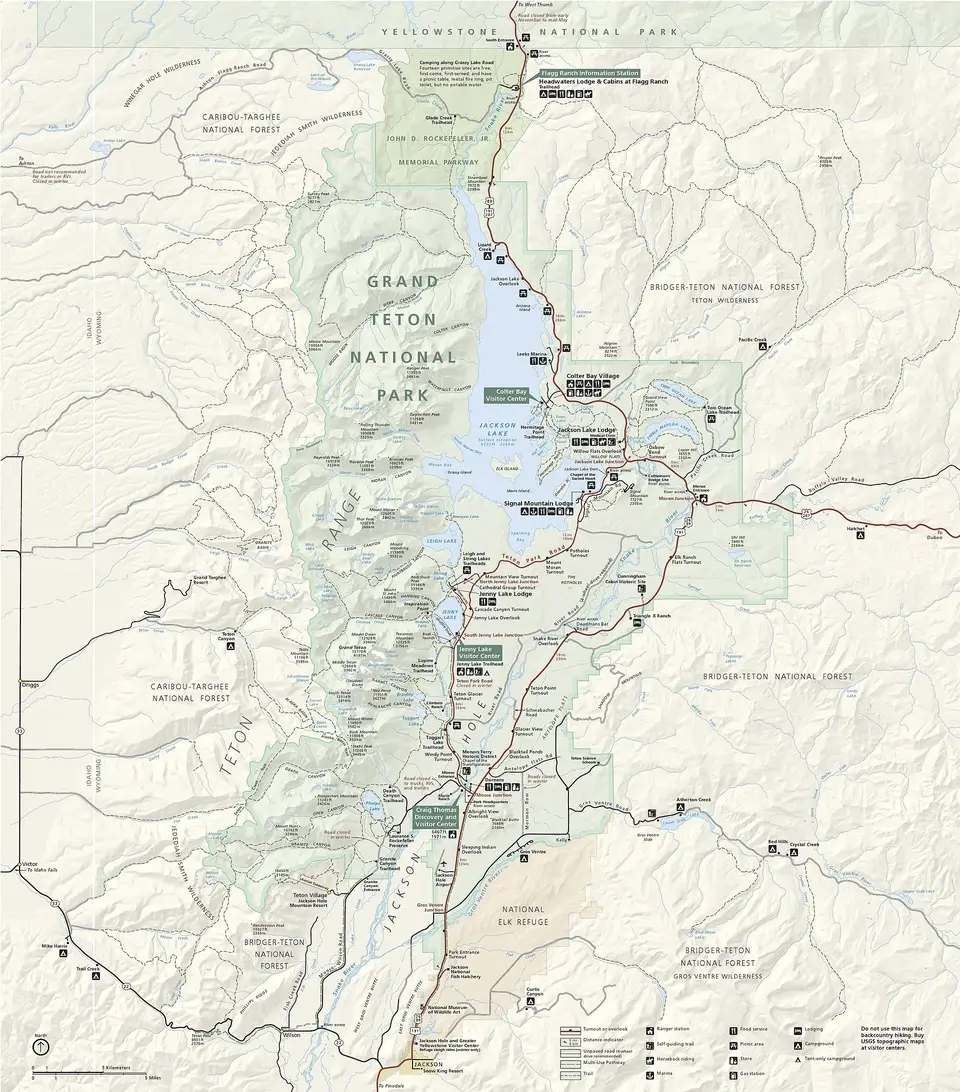 Official NPS map of Grand Teton National Park with roads, lakes and campgrounds