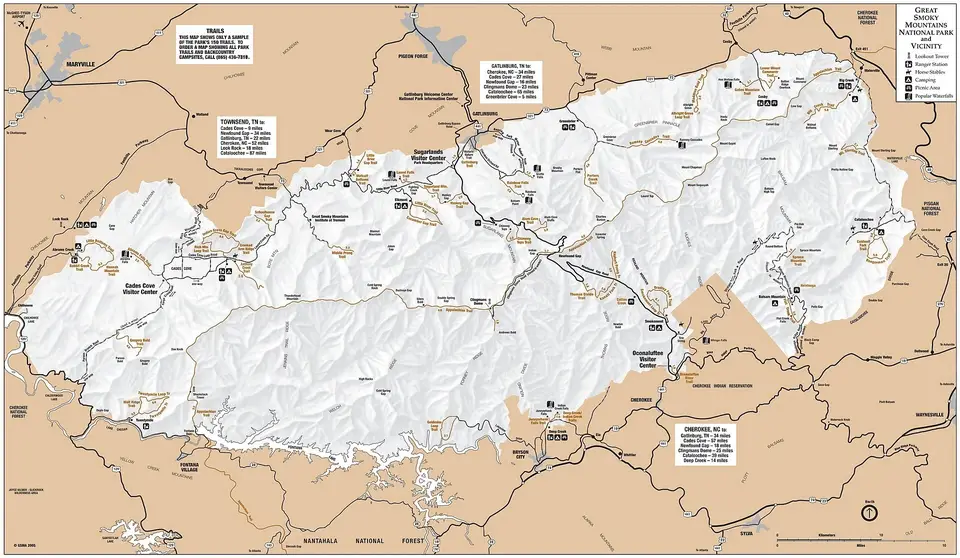 NPS map of Great Smoky Mountains National Park with roads and campgrounds on both sides of the park