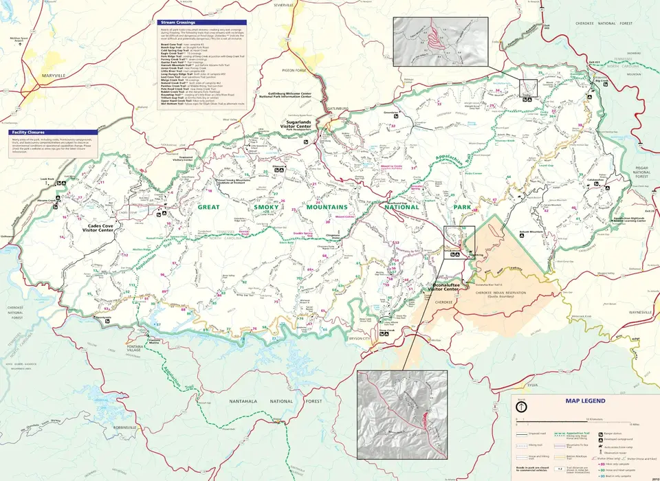 NPS Great Smoky Mountains trail map with mileage between trail junctions