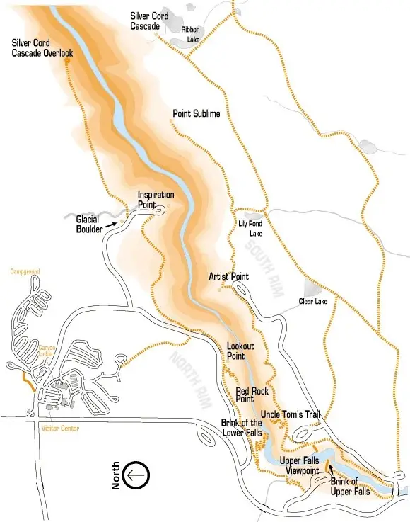 NPS trail map of the Grand Canyon of the Yellowstone showing rim trails and viewpoints