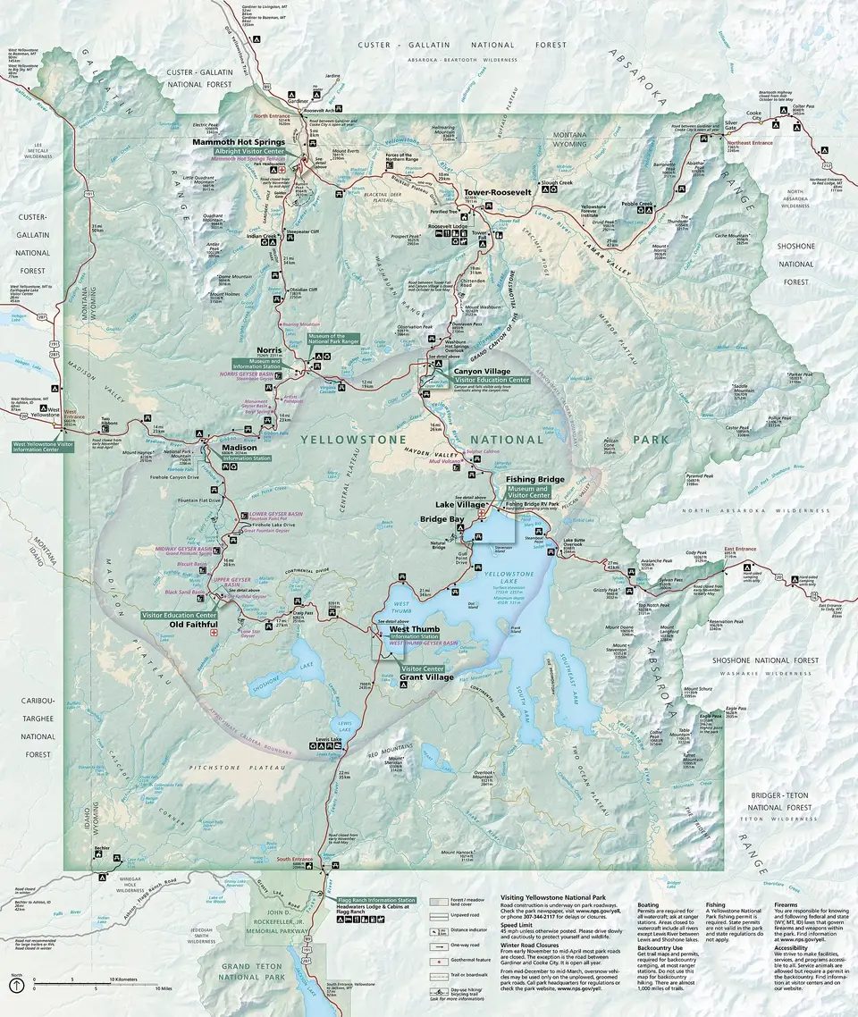 Official NPS map of Yellowstone National Park with roads, visitor areas and campgrounds