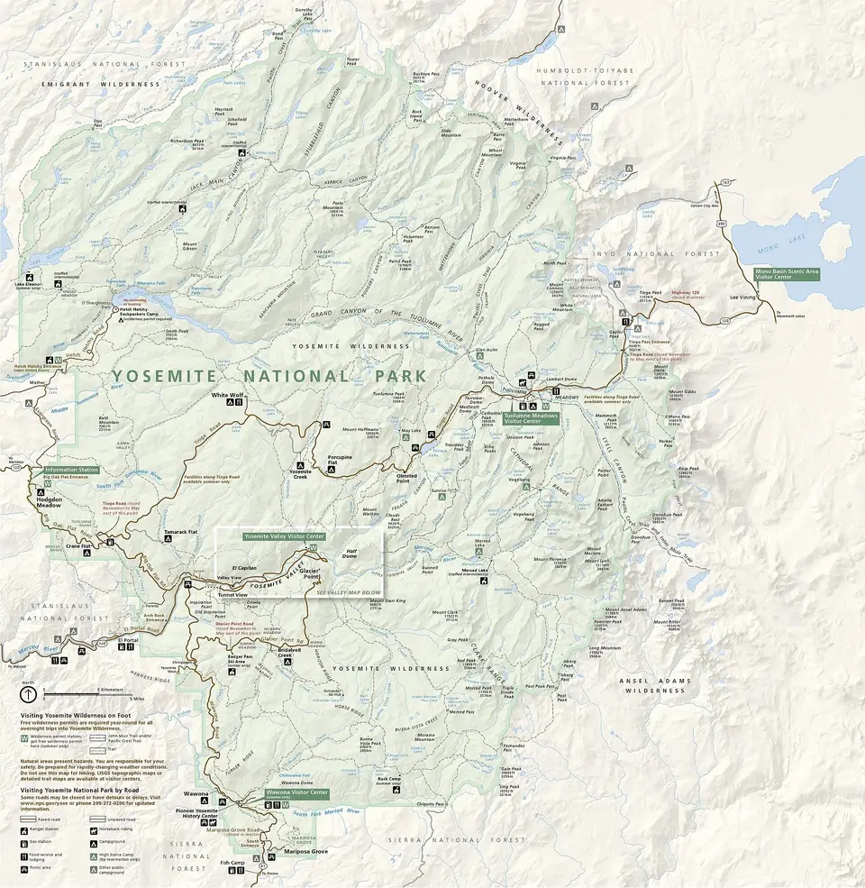 Official NPS map of Yosemite National Park with roads, trails and campgrounds