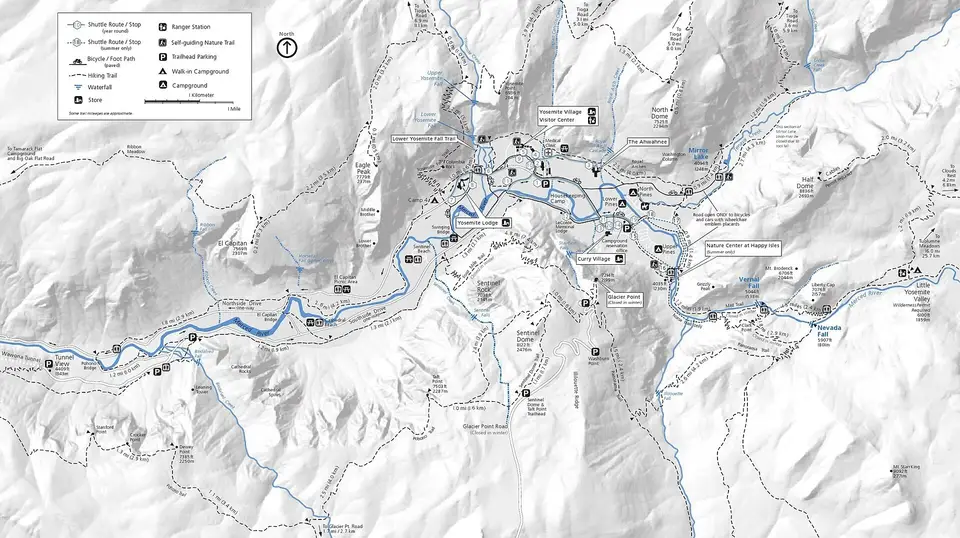NPS Yosemite Valley trail map showing trails to Yosemite Falls, Vernal Fall, Nevada Fall, Mirror Lake and Half Dome