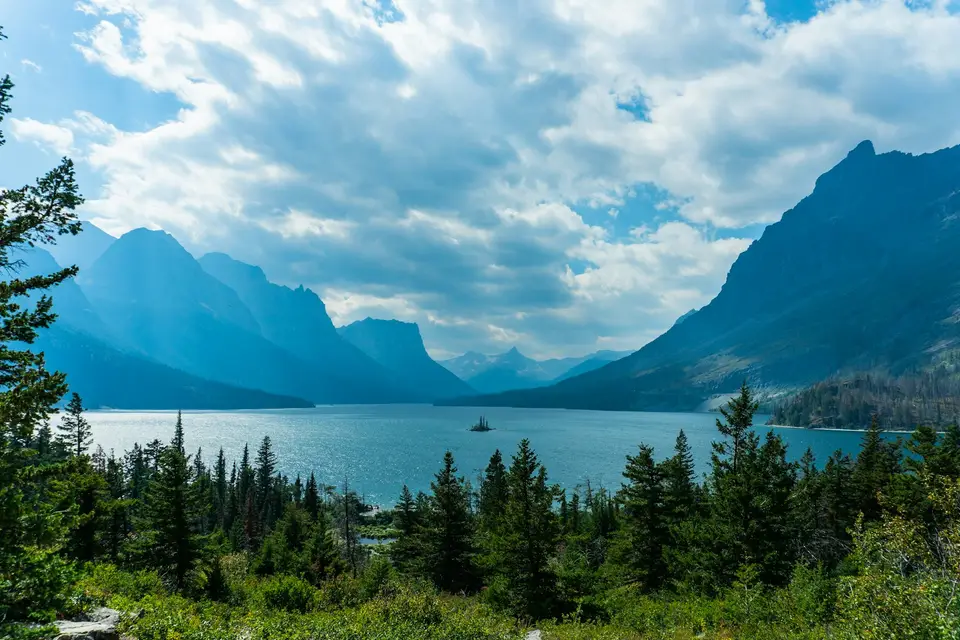 Lake Josephine with forest and mountains beyond