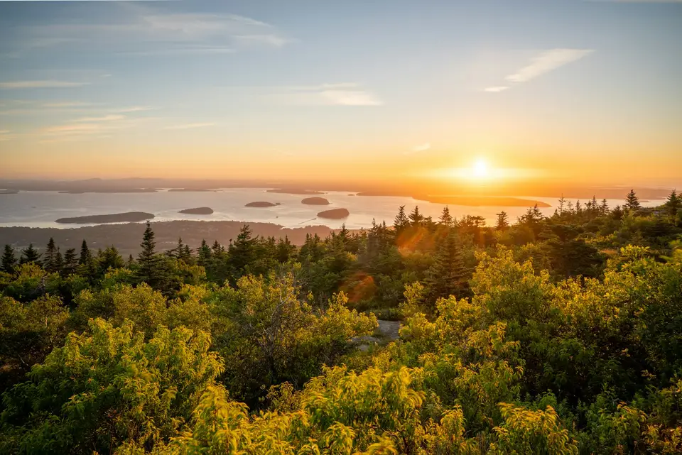 Sunrise over islands from the summit of Cadillac Mountain